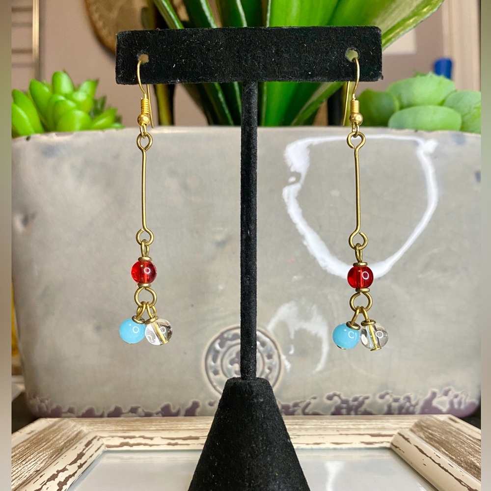 NEW Boho Chandelier Earrings Glass Beads Red Blue Brass Handmade Kenya - Picture 2 of 4
